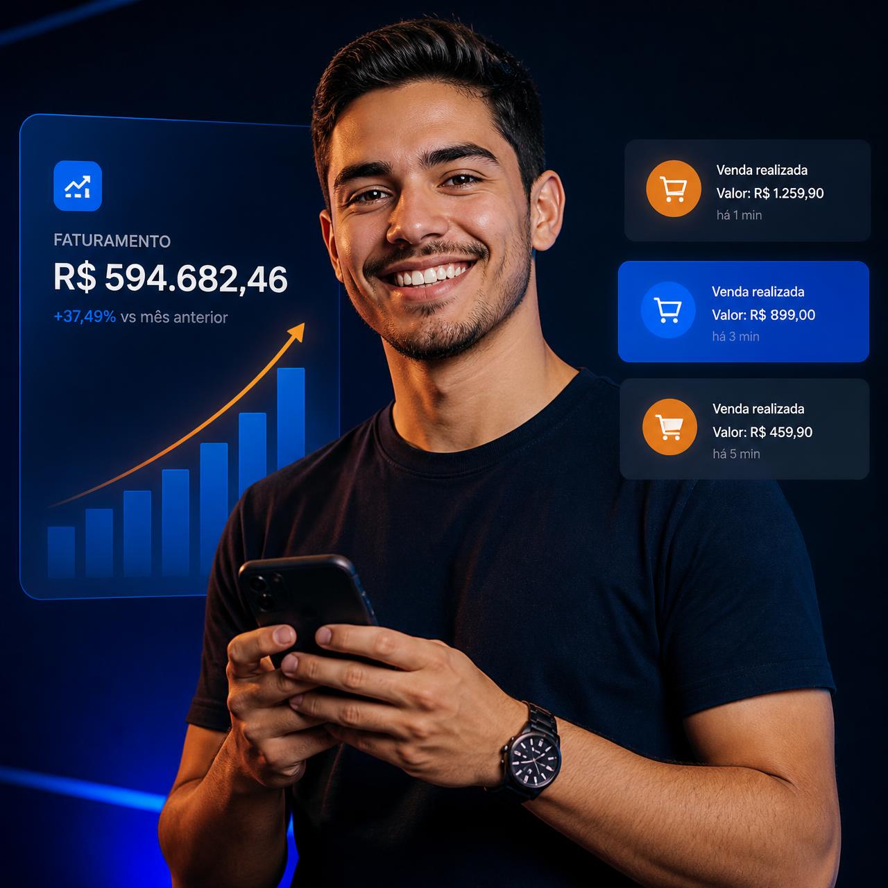 Pessoa usando o celular para vender pela internet, com gráfico de crescimento e notificações de vendas