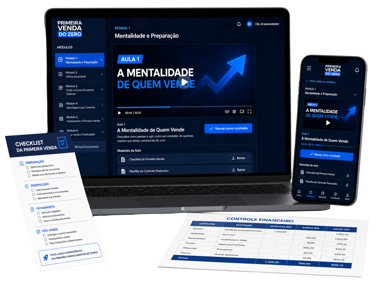 Ebook Primeira Venda do Zero exibido em notebook e celular, com checklist e materiais de apoio